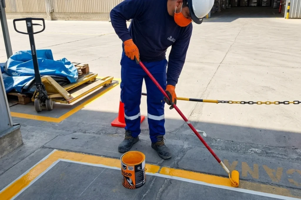 Servicio de demarcación de pisos industriales con pintura amarilla de alto tráfico en Lima.