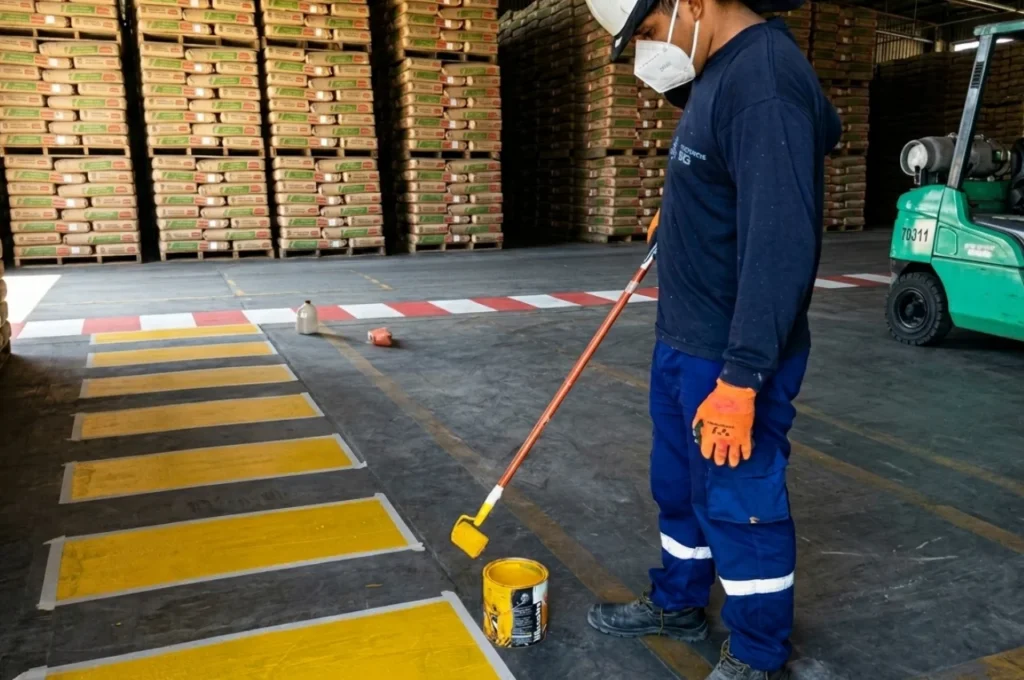 Aplicación de pintura de señalización para delimitar zonas de tránsito seguro en plantas de Lima.
